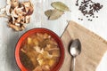 Forest mushroom soup and ingredients with dried porcini mushrooms Royalty Free Stock Photo