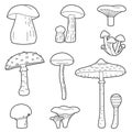 Forest mushrooms set. Vector colorless set. Design elements or page of children\'s coloring book Royalty Free Stock Photo