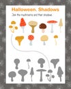 Forest mushrooms and shadows matching game, Thanksgiving Halloween witchcraft holiday kids activities printable worksheet