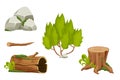 Forest nature elements landscape set with tree stump, sold trunk, bush, stone pile and moss in cartoon style isolated on