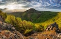 Forest nature landcape with peak and sun at dramatic sunset, Slovakia - Carpathian Royalty Free Stock Photo