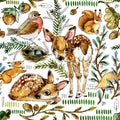 Forest nature watercolor seamless pattern. cute wild animals illustration.