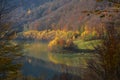 Autumn yellow Trees reflected in lake during Fall. Autumn forest photography