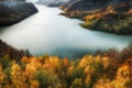 Autumn yellow Trees reflected in lake during Fall. Autumn forest photography