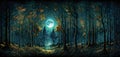 forest at night with the bright moon and trees in an enchanting landscape