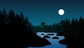 forest night illustration with full moon and river