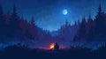 In the forest at night near a fire on meadow landscape illustration with full moon in the dark sky. Travel scene in Royalty Free Stock Photo