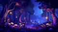 Forest night scene with glowing trees and roads, glowing mushrooms and glowworms in the darkness. Wild wood fantasy Royalty Free Stock Photo