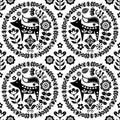 Scandinavian cute folk art vector seamless pattern with flowers and fox, black floral textile ornament inspired by traditional emb