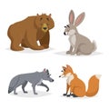 Forest North America and Europe animals set. Wolf, hare, bear and red fox. Happy smiling and cheerful characters. Vector zoo illus Royalty Free Stock Photo