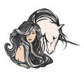 Forest nymph girl and mythical unicorn horse vector portrait