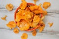 Forest Orange mushrooms chanterelles in a wicker basket and scattering on a white wooden table. Close up. View from the top Royalty Free Stock Photo