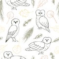 Forest owls and plants on white background Royalty Free Stock Photo