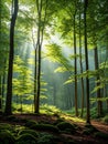 Forest panorama with rays of sunlight Royalty Free Stock Photo