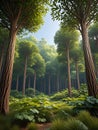 Forest panorama with rays of sunlight Royalty Free Stock Photo
