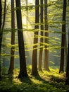 Forest panorama with rays of sunlight Royalty Free Stock Photo