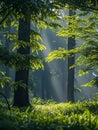 Forest panorama with rays of sunlight Royalty Free Stock Photo