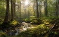 Forest panorama in spring morning light with sunrays