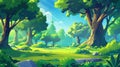 Forest panorama with trees and green grass on glade. Modern illustration of a deep woods landscape, park or garden with Royalty Free Stock Photo