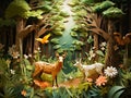 Forest or park made of recycled paper origami animals, trees, and other nature elements symbolizing how recycling paper helps the