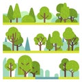 Forest and park plants. Flat different trees, bushes and grass. Woodland and park elements, trendy natural landscape
