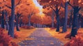 Forest park road street cartoon landscape in fall season. Autumn forest scenery walkway drawing environment illustration Royalty Free Stock Photo