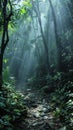 A forest path comes alive with ethereal morning light piercing through the foliage, creating a magical and serene Royalty Free Stock Photo