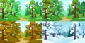 Forest path. Spring and summer trees, autumn leaves and winter forest trees. Four seasons landscape cartoon vector