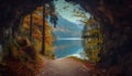 Forest path tunnel through trees near lake Royalty Free Stock Photo