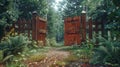 A forest path with a wooden gate that is open Royalty Free Stock Photo