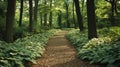 Forest pathway surrounded by lush green plants and tall trees Royalty Free Stock Photo