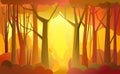 Forest pathway. trees illustration. Dense wild plants with tall, branched trunks. Autumn orange landscape. Flat design