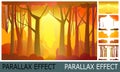 Forest pathway. Trees illustration. Dense wild plants with tall, branched trunks. Autumn orange landscape.Image from