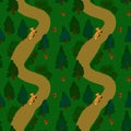 Forest pattern. Lanshaft. View from above. Fir-trees, berries, mushrooms, foxes. Design for fabric, wallpaper, stationery