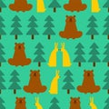 Forest pattern seamless. Bear and Hare. Trees and animals background. Baby Fabric Texture