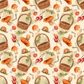 Forest picking mushrooms village seamless pattern. Snail, willow basket, mushroom, rose hip, oak leaf rustic elements fabric Royalty Free Stock Photo