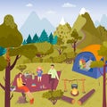 Forest picnic camping vector illustration. Family tourists resting outdoors. Food cooked at flame, outdoor activity