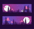 Forest pine tree banner with night scene vector evergreen natural silhouette company. Forest treetop nature wood