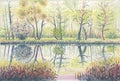 Forest pond in spring. Oil painting on canvas