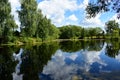 Forest pond. The trees bent their branches over the water. There are clouds in the sky. The sky, clouds, trees, bushes, herbs are Royalty Free Stock Photo