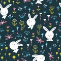 Forest rabbit seamless pattern. Cute characters with flowers and dragonflies. Baby cartoon vector in simple hand-drawn