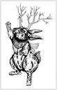 Forest rabbit stands looking up with one paw raised fairytale creature in full growth magic animal