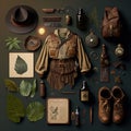 Forest ranger costume and props, knolling layout. Generative AI.Generative AI