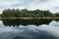 Forest reflection in blue lake, rural scene