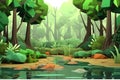 Forest river landscape in cartoon style. Neural network AI generated