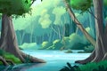 Forest river landscape in cartoon style. Neural network AI generated