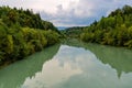 Forest river reflection landscape. Autumn forest river water panorama. Forest river reflection in autumn. Royalty Free Stock Photo