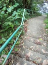 Forest river stairs in perspective. Outdoor stairs with iron fence and autumn leaves background. Stairs to climb around nature