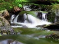 Forest river stream water slowly flow. Mossy river stream rocks. Mossy forest river stream view.