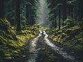 Forest road with green moss and grass in the mountains.